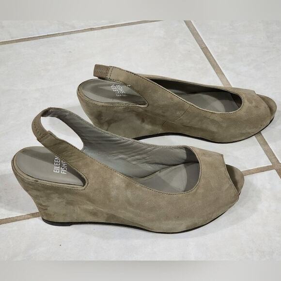Eileen Fisher taupe Grey suede leather Wedge slingback peep toe sandals size 7.5 - Picture 6 of 7